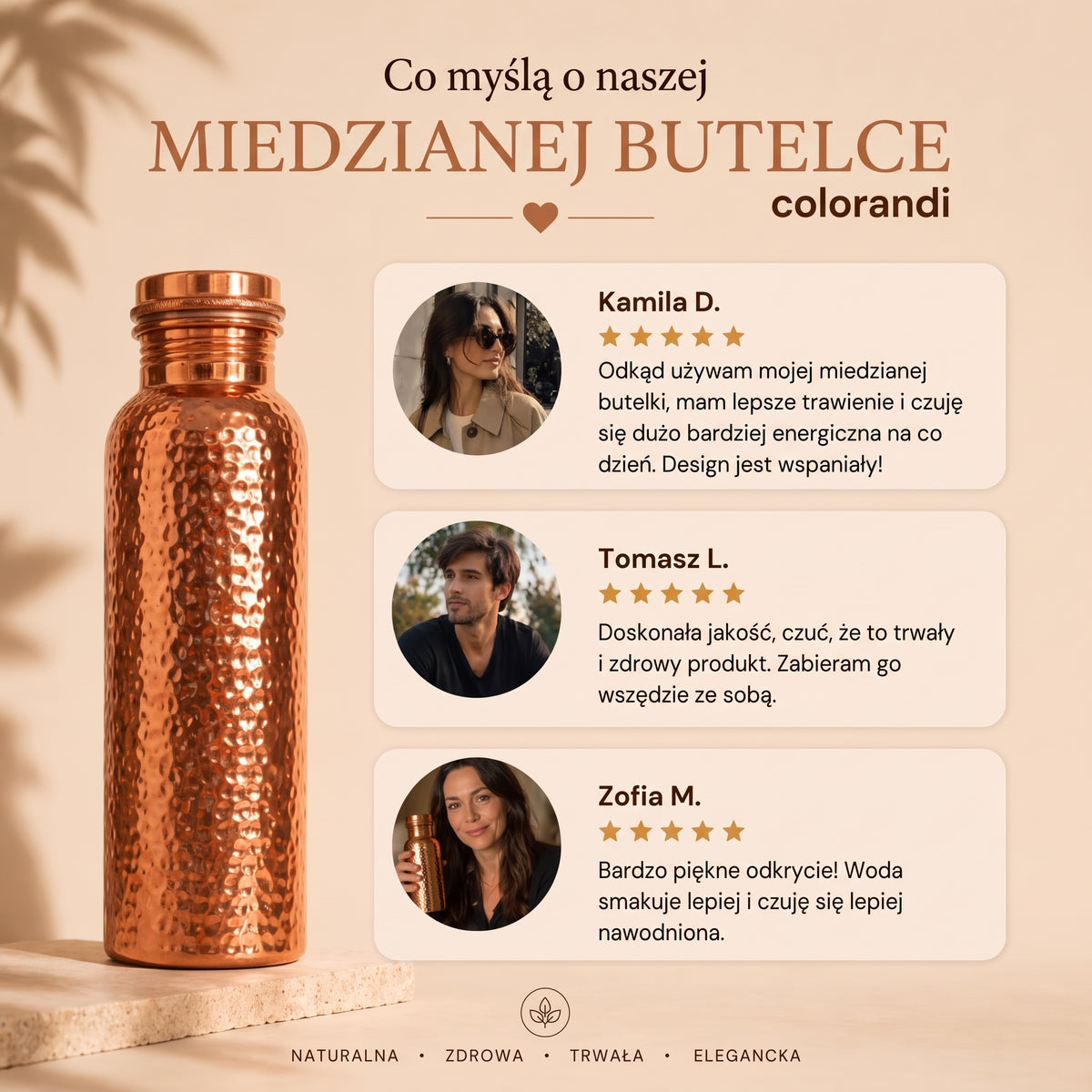 Butelka na wodę z czystej miedzi - Colorandi | Naturalnie oczyszczona woda, bez plastiku