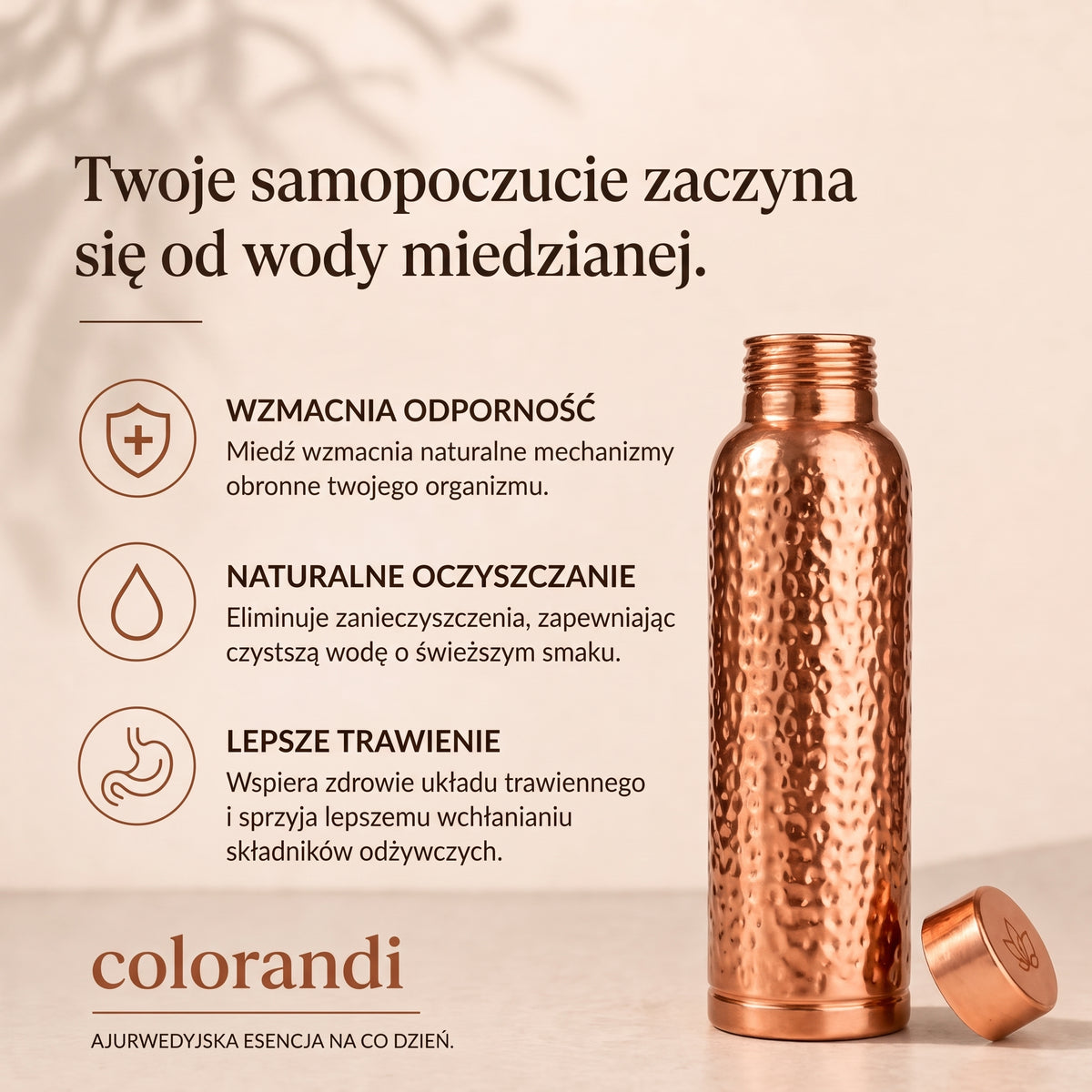 Butelka na wodę z czystej miedzi - Colorandi | Naturalnie oczyszczona woda, bez plastiku